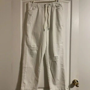 Aerie White Distressed Drawstring Soft Muslin Pull On Denim Pants M Preppy Basic
